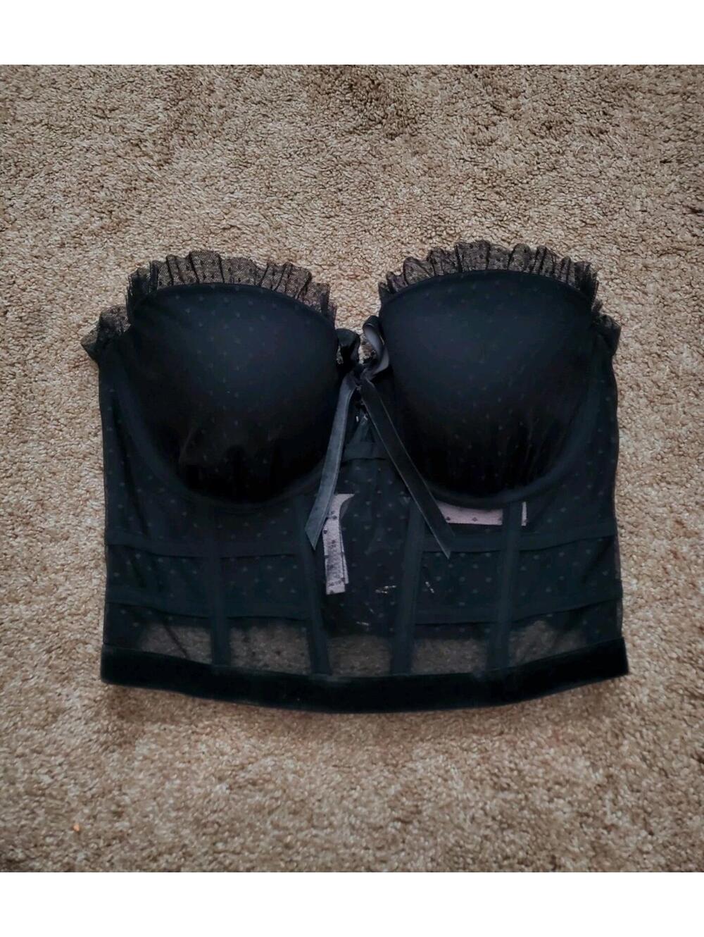 Victoria's Secret Bustier Corset Lingerie  Black 34D Dotted Ruffles Whimsigoth